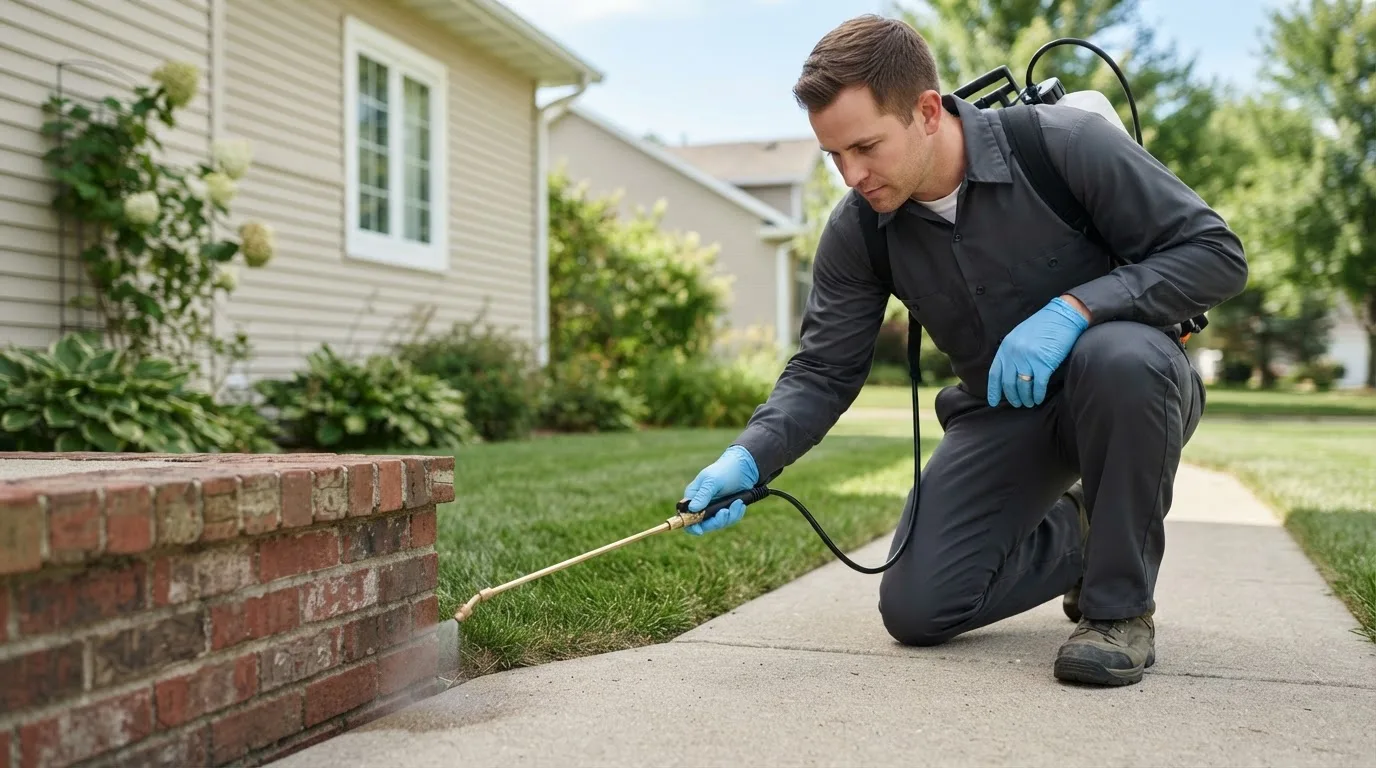 Pest control technician treating a home near Peterborough, NH
