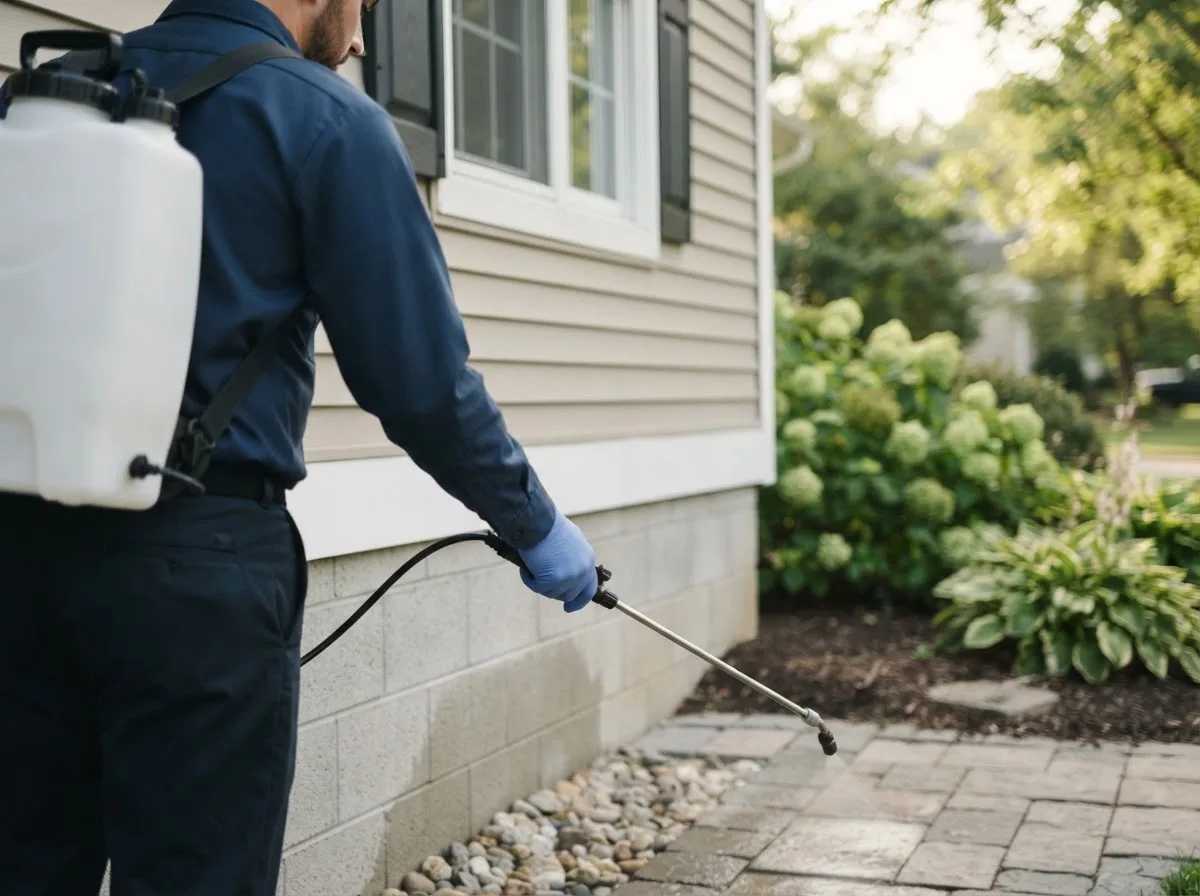 Pest control technician inspecting a home in Peterborough, NH